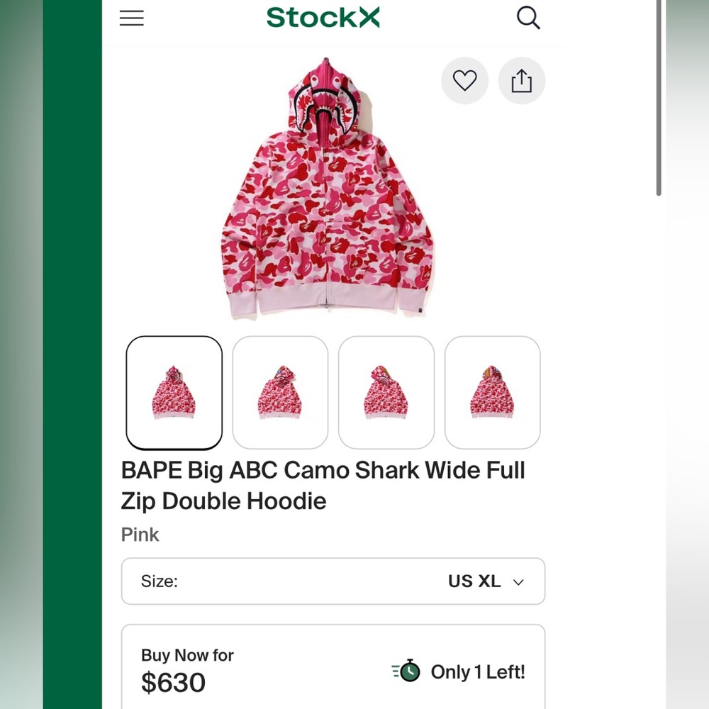 BAPE PINK ABC CAMO SHARK FULL ZIP DOUBLE HOODIE (BRAND NEW) XXL